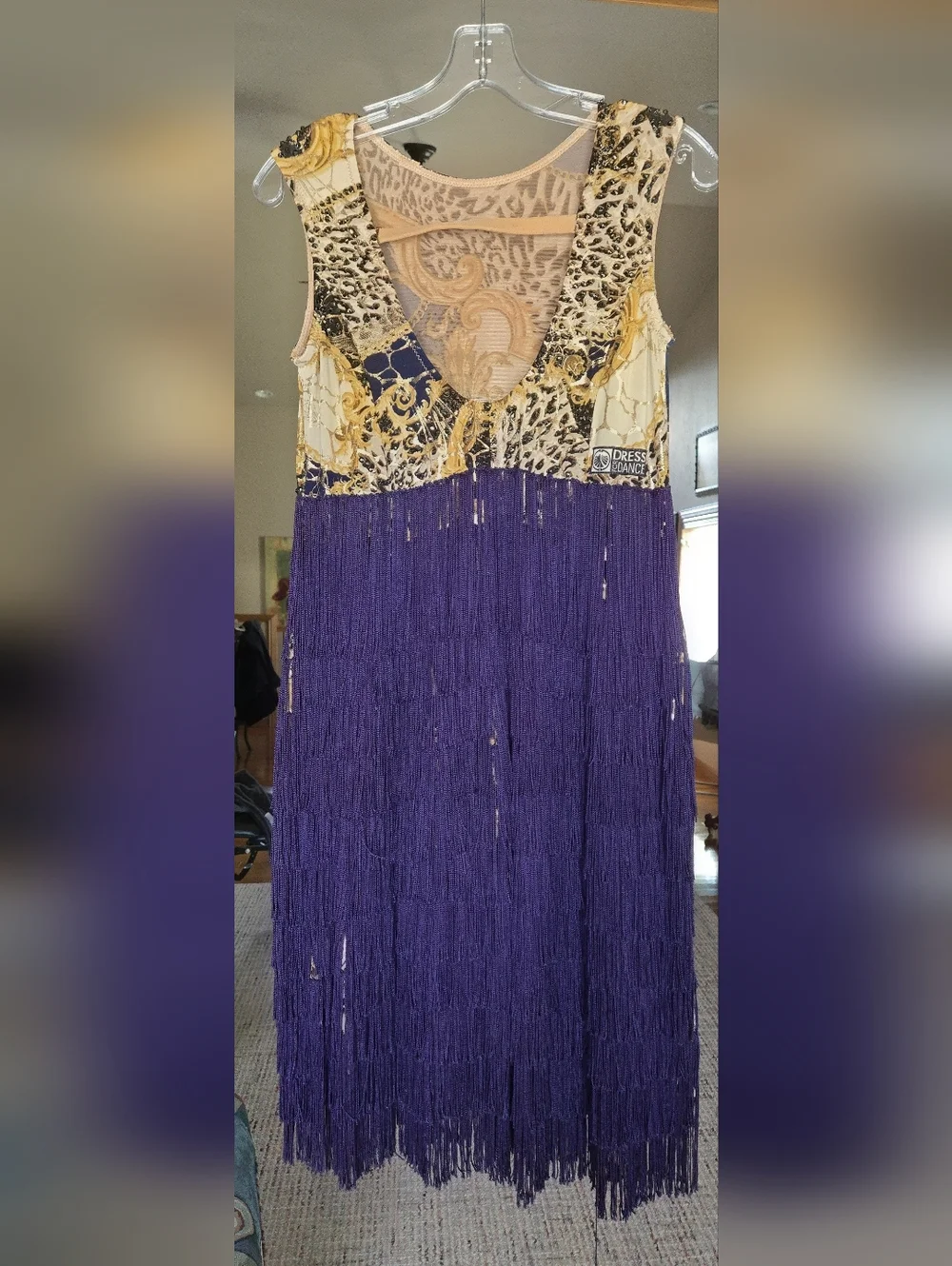 Purple Fringe Tiered Ballroom Dress Gold Printed Bodice With Clasp Crotch Size M - Picture 2 of 5